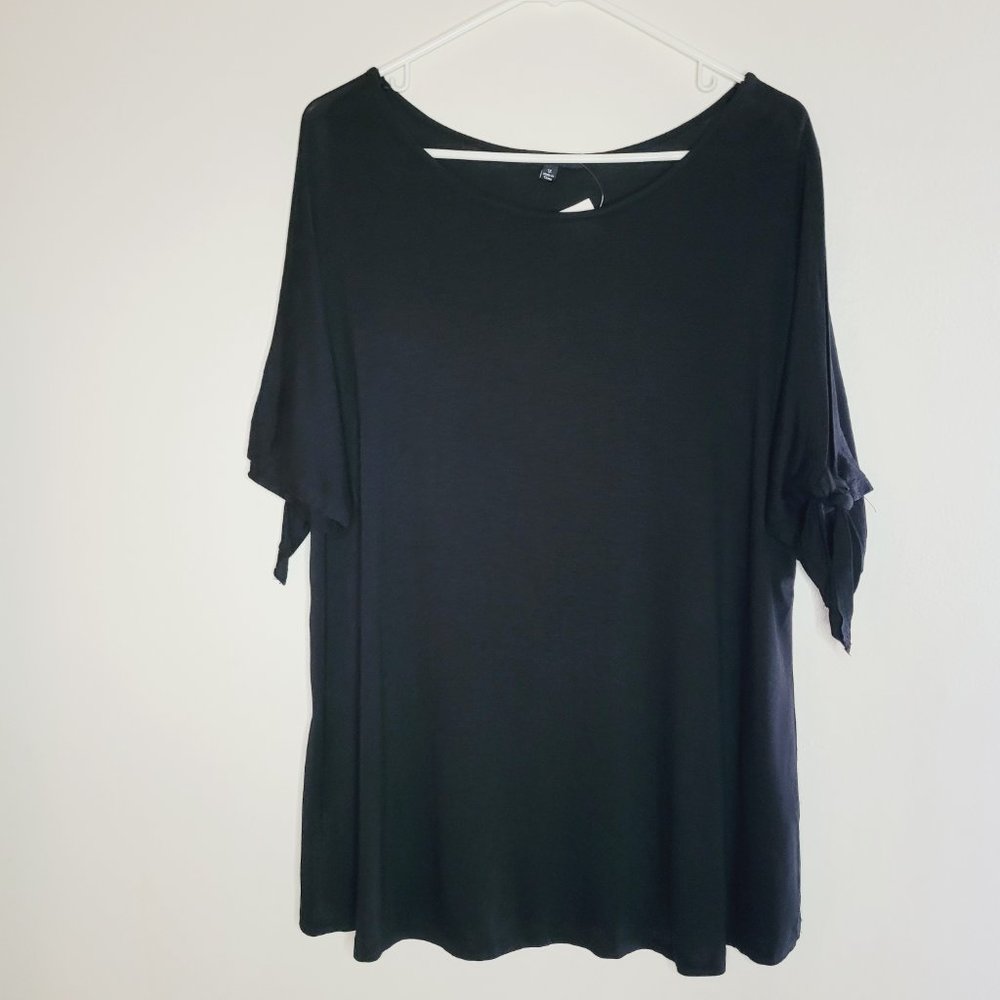 Ambiance Top 1X Women's Tie Short Sleeve Black Scoop Neck Casual Cute Flowy - Picture 1 of 7